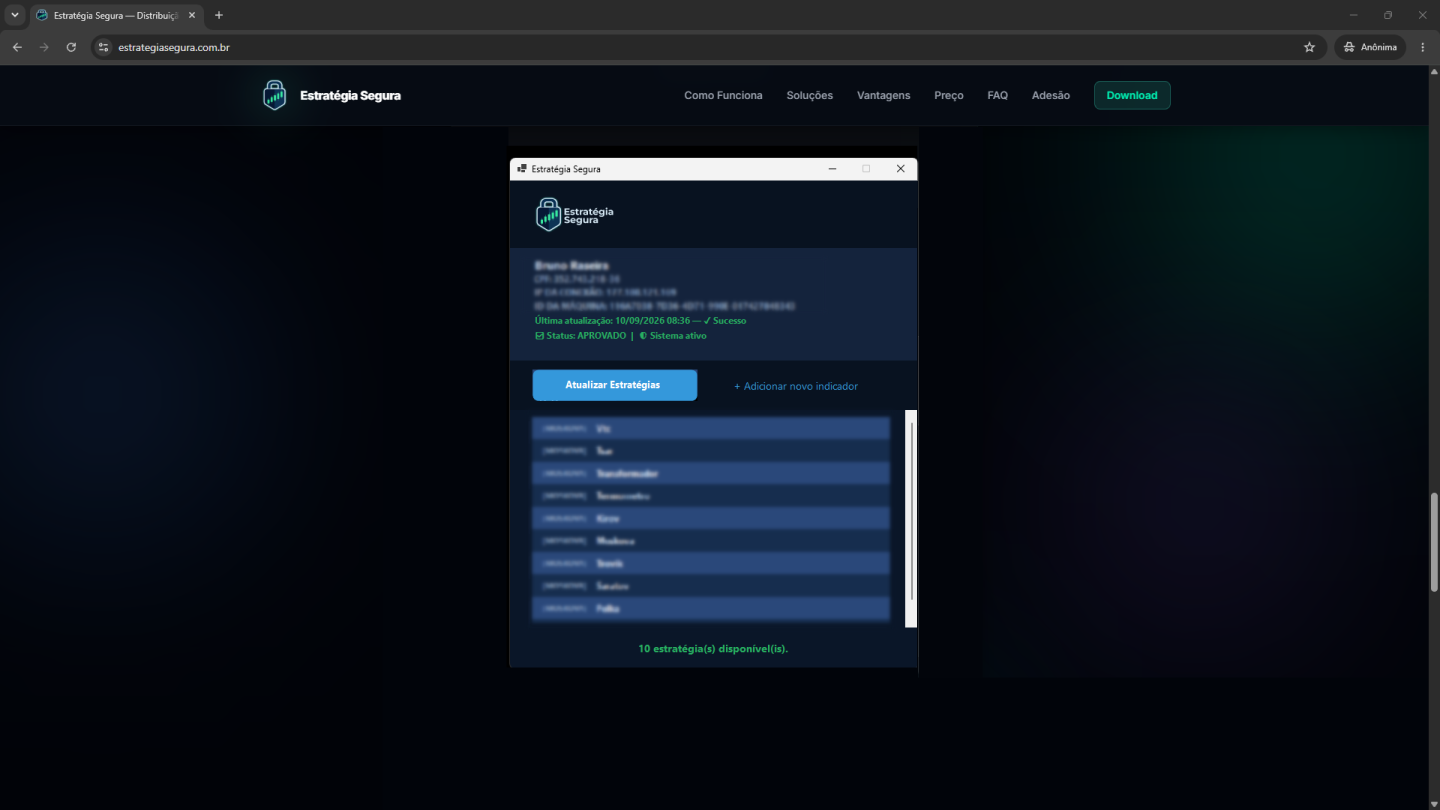 Painel da Estratégia Segura para cliente e trader